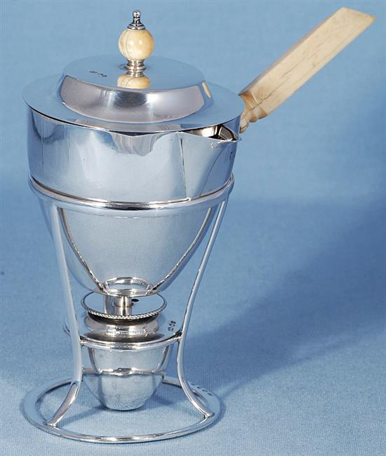 A late Victorian silver brandy pan, cover, burner and stand, by Thomas White, Height 178mm Gross weight 12.1oz/379grms